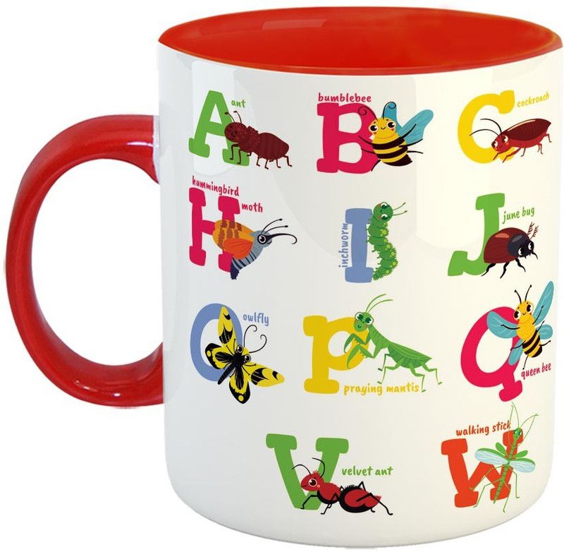 Furnish Fantasy Cartoon Insects Alphabets Ceramic Coffee - Best Gift for Kids on Birthday / Return Gift - Color - Red (1157) Ceramic Coffee Mug  (350 ml)