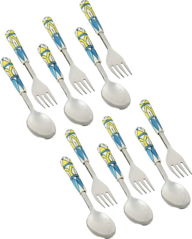 VarEesha Blue Yellow Handle Steel Spoons and Forks Cutlery Ceramic Cutlery Set  (Pack of 12)