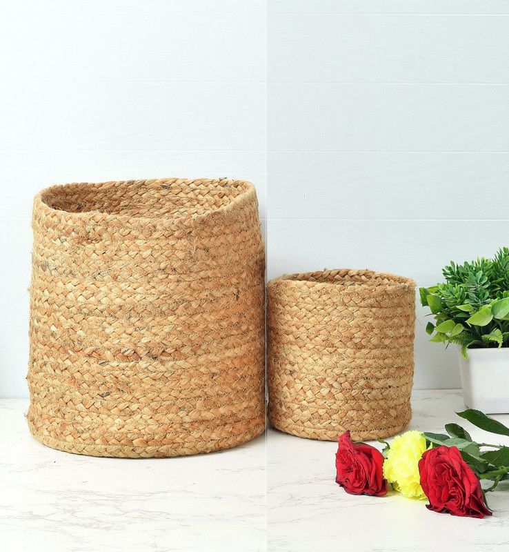 LaVichitra Jute Braided Jute Baskets | Storage Bins Organizer | Laundry, Toys & Planter Basket- Set of 2 (10, 6 Inch) Storage Basket  (Pack of 2)