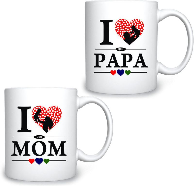 ADITI Designs I Love (Mom Papa) Ceramic Coffee Mug  (300 ml, Pack of 2)