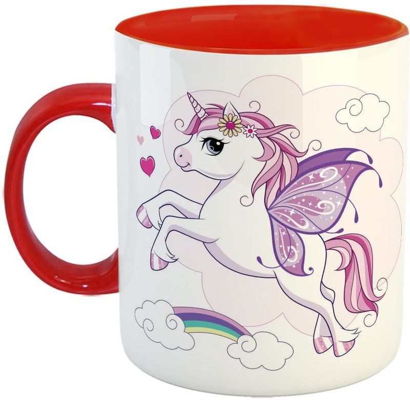 Furnish Fantasy Cute little unicorn with butterfly wings Ceramic Coffee - Best Birthday Gift for Daughter, Sister, Unicorn Lover - Color - Red (0755) Ceramic Coffee Mug  (350 ml)