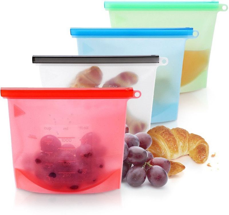 ZURU BUNCH Silicone Food Bag Reusable Seal Storage Container Silicone Food Preservation Bag Freezer Leak-Proof Cooking Zip lock Bags1000 ml For Freeze, Steam, Heat, Microwave - (Multicolor) (Pack of 4) Silicone Storage Pouch  (Pack of 4)
