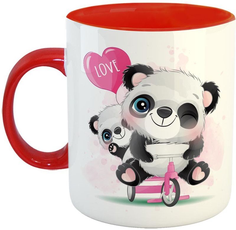 Furnish Fantasy Cute little Panda father son riding bicycle Ceramic Coffee - Best Birthday Gift For Boys, Girls, Kids, Return Gifts - Color - Red (0775) Ceramic Coffee Mug  (350 ml)
