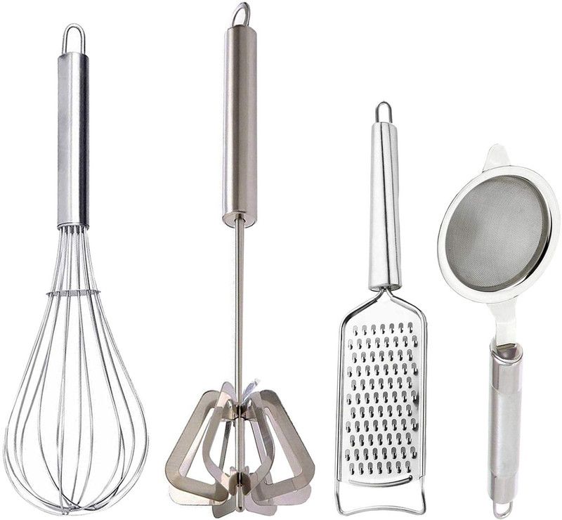 Topmtop Premium Qality Stainless Steel Whisk, Grater, Tea Strainer, Mixer (Set of 4 pcs) Silver Kitchen Tool Set  (Silver, Grater, Whisk, Strainer, Blender)