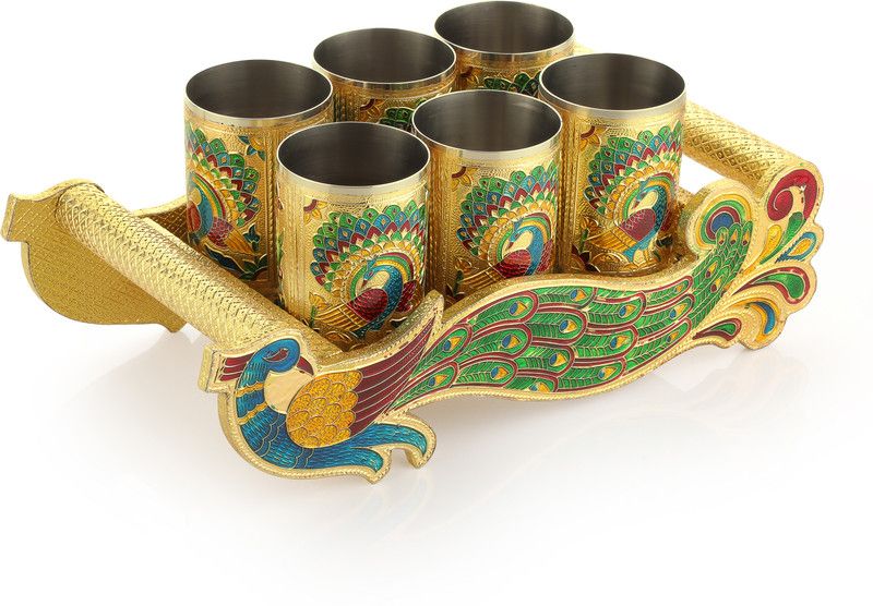 NAVRANG Glass Tray Serving Set , Meenakari Glass, Handicraft Tray, Meenakari Peacock Design Glass Tray with Handle Glass Tray Set Gift Glass Tray Set  (Tray :- Wooden, Glass:- Steel)