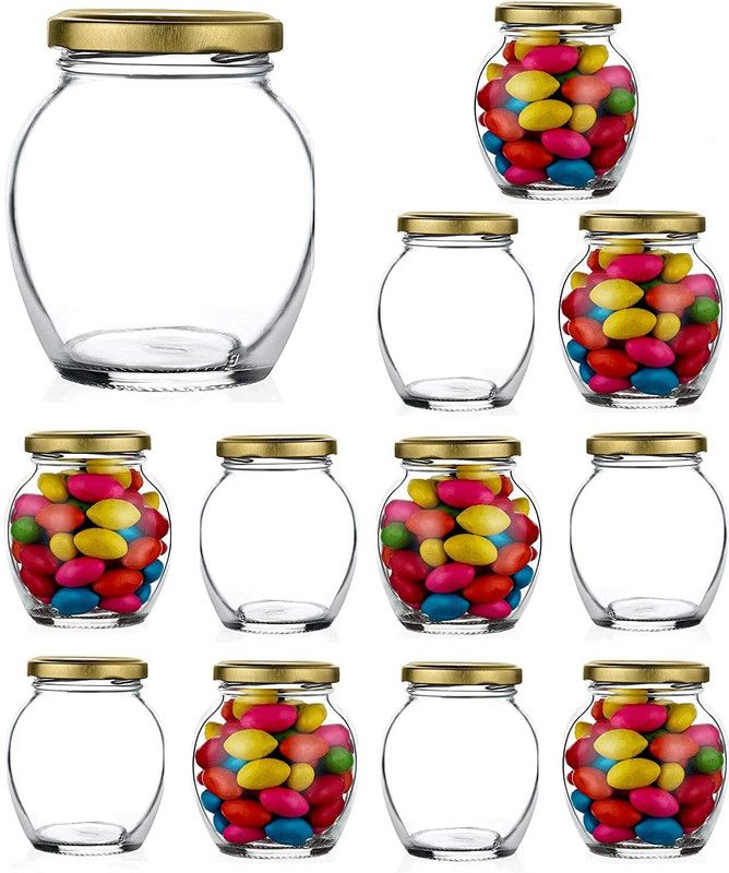 Tap2kaart Matka Shape Glass Jars with Airtight Metal Lid for Spice, Jam - 400 ml Glass Honey Jar  (Pack of 12, Gold)