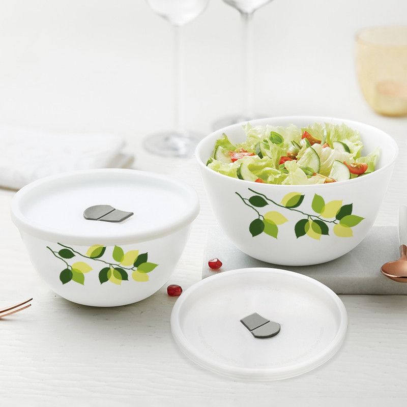 Larah by Borosil Opalware Mixing Bowl Green Leaves  (Pack of 2, White)