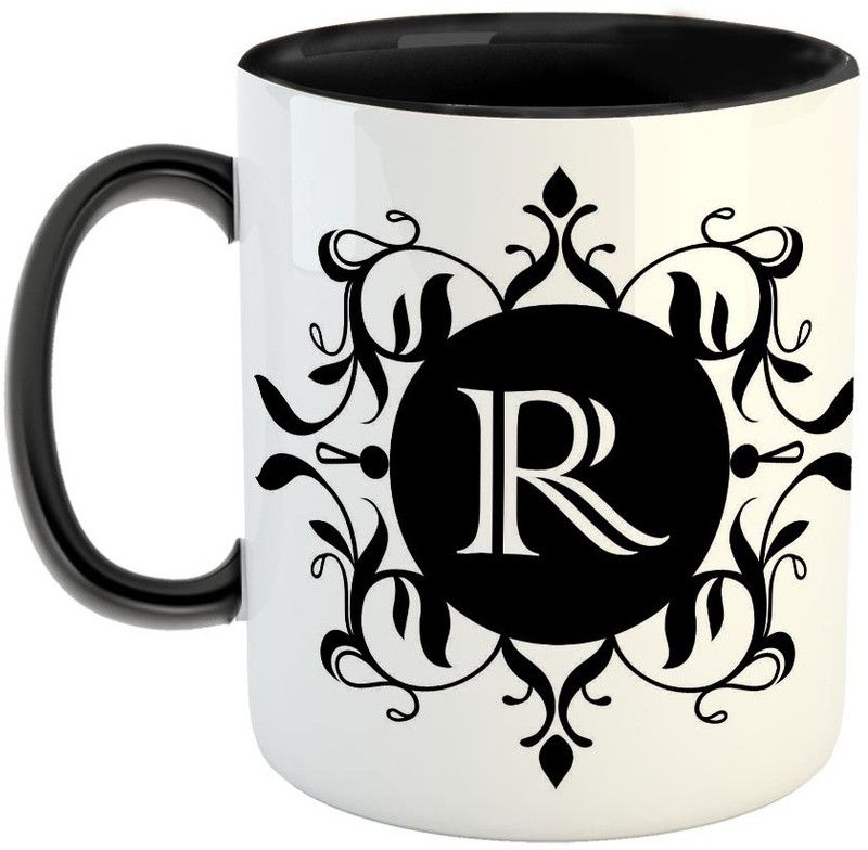 Furnish Fantasy Alphabet R Ceramic Coffee - Best Alphabet Gift for Family and Friends - Color - Black (0688) Ceramic Coffee Mug  (350 ml)