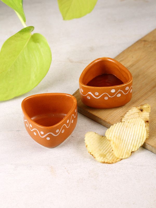 AAPNO RAJASTHAN Sets of 4 Indian Clay Earthen Dip bowls Ceramic Disposable Serving Bowl  (Brown, Pack of 4)