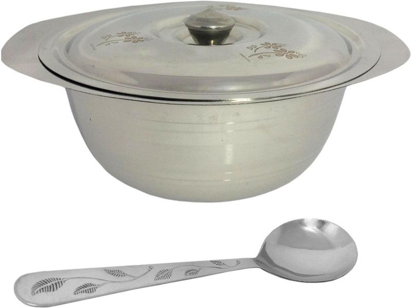 A&H Stainless Steel Serving Bowl Maintainance Free Laser Design Serving Bowl With Lid (Dongas) & Serving Spoon Daily Use  (Pack of 2, Steel)
