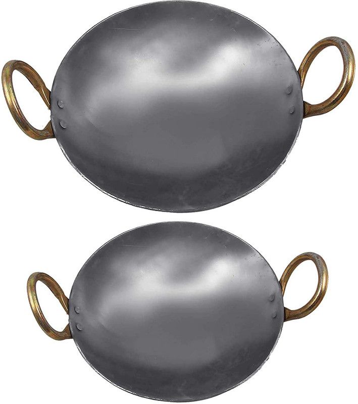 KITCHEN SHOPEE iron cookware set 2 pes Iron Kadhai for Cooking deep fry Kadhai 20.32 cm, 22.86 cm diameter 3.5 L capacity  (Iron, Non-stick)