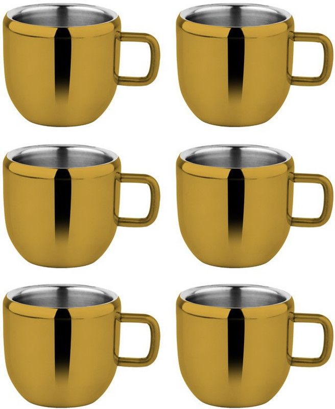 PRABHA Pack of 6 Stainless Steel Prabha Cute Stainless Steel Double Walled Tea- Coffee Mug Tea & Coffee Cup Gold 100ml Set of 6 Stainless Steel Coffee Mug  (Gold, Cup Set)