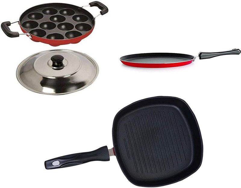 CREW4 3 Combo Set Appam Maker dosa tawa and grill pan Non-Stick Coated Cookware Set  (Aluminium, 3 - Piece)