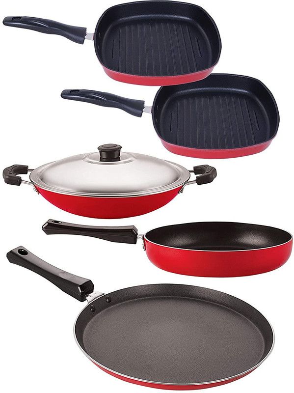 NIRLON Nirlon Non-Stick Aluminium Odor Free 5 Piece Kitchen Essential with Steel Lid Non-Stick Coated Cookware Set  (PTFE (Non-stick), Aluminium, 5 - Piece)