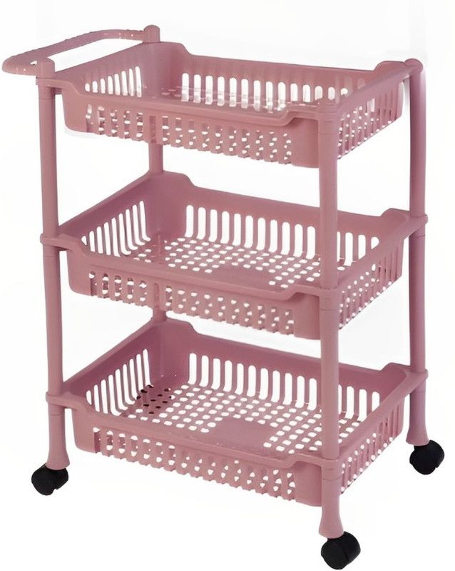3D METRO SUPER STORE 3 Layer Plastic Rack With Wheel & Handel Multipurpose Kitchen Storage Organizer Fruits/Vegetables Kitchen Rack  (Plastic, Pink)