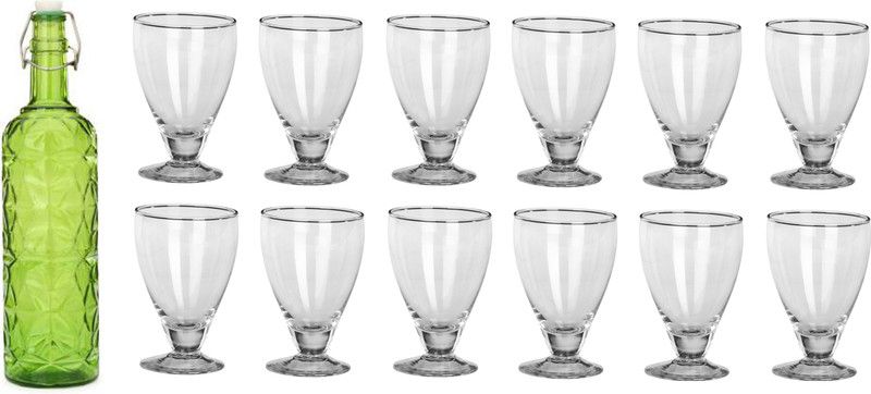 AFAST Bottle & 12 Glass Serving Lemon Set, Green, Clear, Glass 1000 ml Bottle With Drinking Glass  (Pack of 13, Green, Clear, Glass)