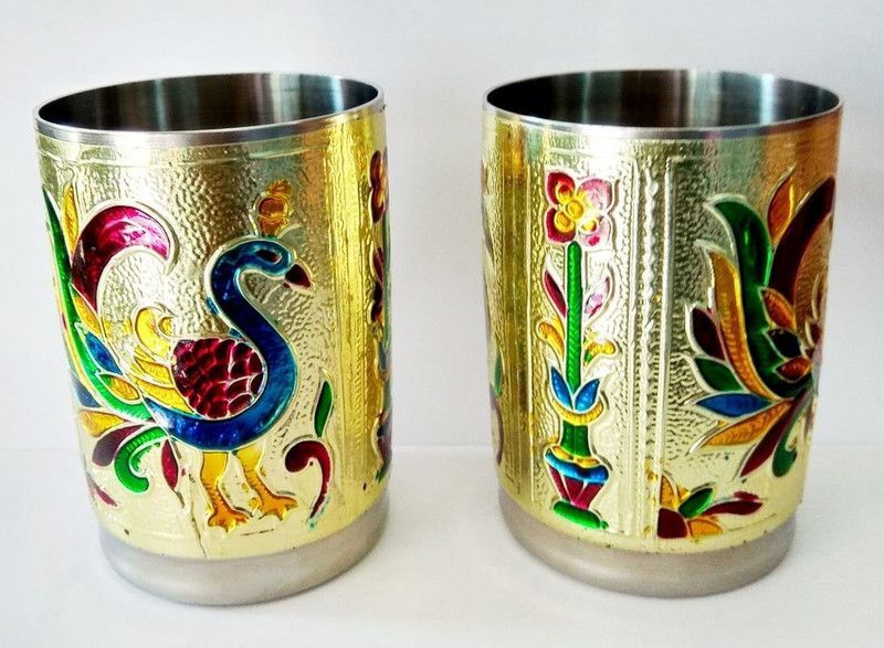 rudra enterprises (Pack of 2) Stainless Steel Pack of 2 Royal meenakari Glass Set Peacock Design Glass Set Water/Juice Glass  (100 ml, Steel, Multicolor)