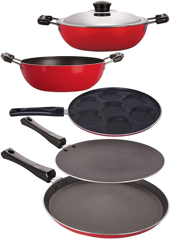 NIRLON Nirlon 3 Layer Non-Stick Coated Gas Compatible Kitchenware Combo Set, 5 Piece Non-Stick Coated Cookware Set  (PTFE (Non-stick), Aluminium, 5 - Piece)