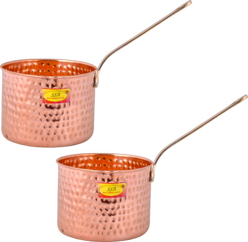 Shivshakti Arts Pure Copper Sauce Pan Tadka Pan | with Heavy Brass Handle ::(Small) 2 Piece Sauce Pan 13 cm diameter 1000 L capacity  (Copper)