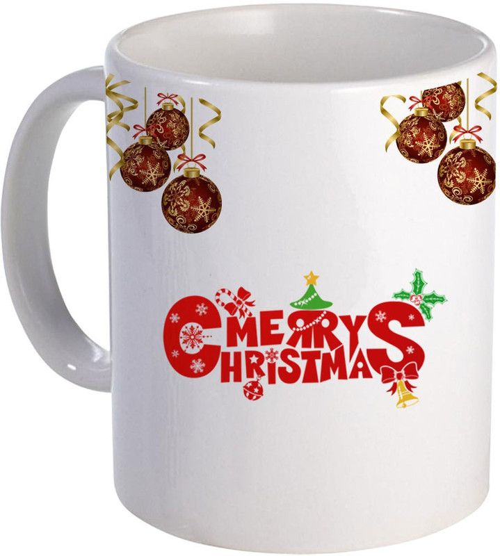 COLOR YARD best happy merry christmas design text with hanging decorative ball on Ceramic Coffee Mug  (320 ml)