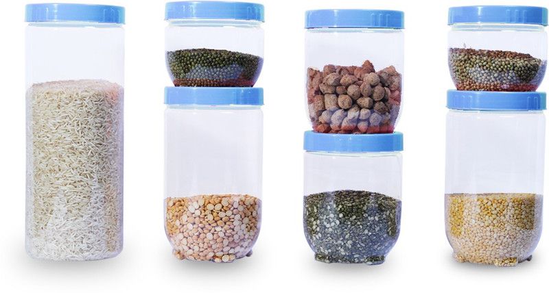 MAK7 Interlock- Easy Grip Airtight Storage Unbreakable Transparent Kitchen Use - 1700 ml, 1100 ml, 1100 ml, 750 ml, 750 ml, 500 ml, 500 ml Plastic Grocery Container  (Pack of 7, Blue)