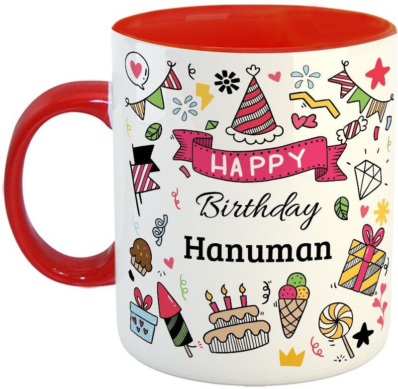 Furnish Fantasy Happy Birthday Ceramic Coffee - Best Birthday Gift for Son, Daughter, Brother, Sister, Gift for Kids, Return Gift - Color - Red, Name - Hanuman Ceramic Coffee Mug  (350 ml)