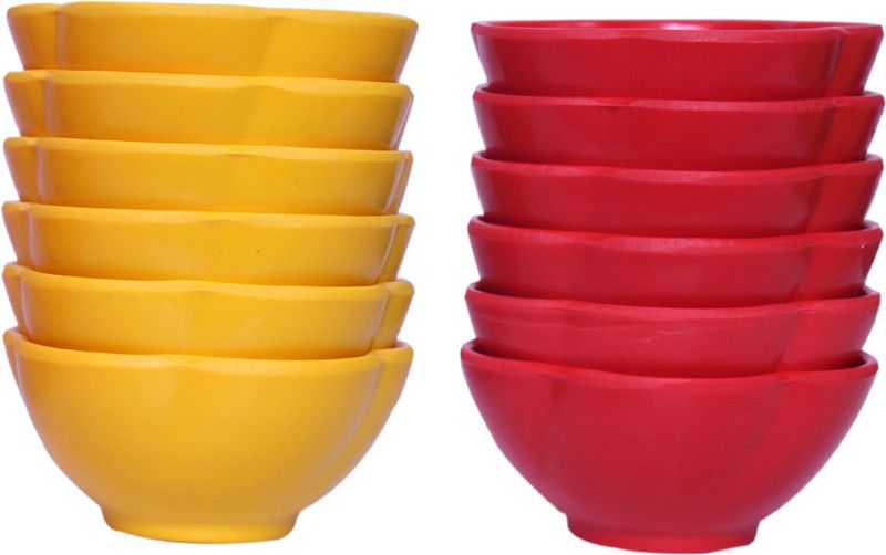 SPRING ART Melamine Serving Bowl Melamine Flower Snacks Serving Bowl Yellow + Red color Combo Pack of 12, Bowl Set Microwave Safe  (Pack of 12, Yellow, Red)