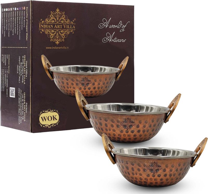 IndianArtVilla Hammered Antique Dark Finish Steel Copper Serving Wok / Kadhai 20.32 cm diameter 1 L capacity  (Steel, Copper)