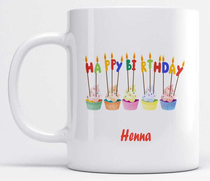 Name Henna Printed Happy Birthday Candle Design Ceramic Coffee Mug  (325 ml)