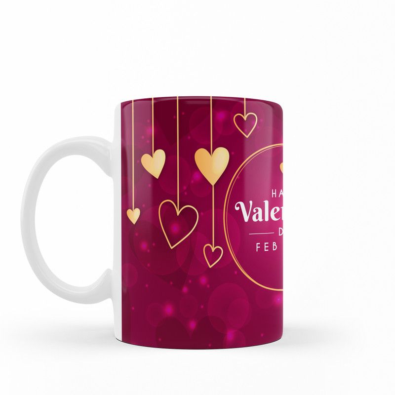 Valentine Gift Hanging Hearts Printed Ceramic Coffee 330ML White Ceramic Coffee Mug  (330 ml)
