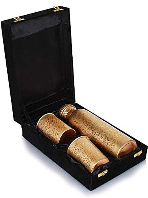 ARN CRAFT Copper Floral Copper Bottle with 2 Glass 1000 ml Copper Color 1000 ml Bottle With Drinking Glass  (Pack of 3, Gold, Copper)