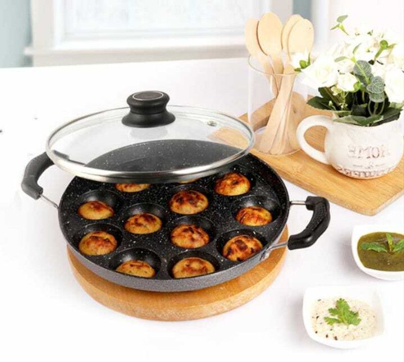 BIGWIN Glass lid 12 Cavities NonStick AppamPatra /AppamPan/AppamMaker/PanCake Paniarakkal with Lid 1.5 L capacity 24 cm diameter  (Aluminium, Non-stick)