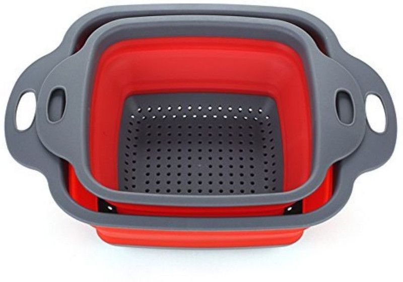 prisma collection Foldable Collapsible Kitchen Colander 2 Pcs Square Collapsible Washing up Bowl Silicone Strainer Set Filter Basket 2 Sizes (RED) Collapsible Colander  (Red, Grey Pack of 2)