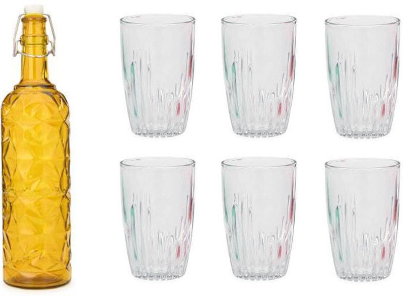 AFAST Bottle & 6 Glass Serving Lemon Set, Yellow, Clear, Glass - A1209 Jug Glass Set  (Glass)