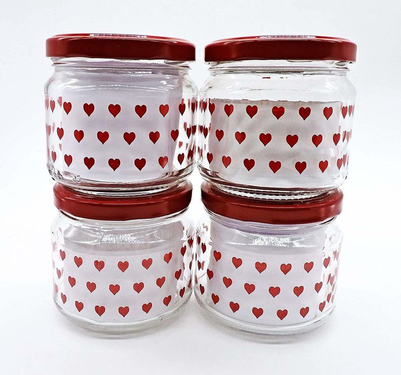 VINAR Penal Jar Red Heart Printed Design lass Jar and Container with Unique Color Design with Rust Proof and Air Tight Metal lid, - 199 ml Glass Tea Coffee & Sugar Container  (Pack of 2, Clear, Red)