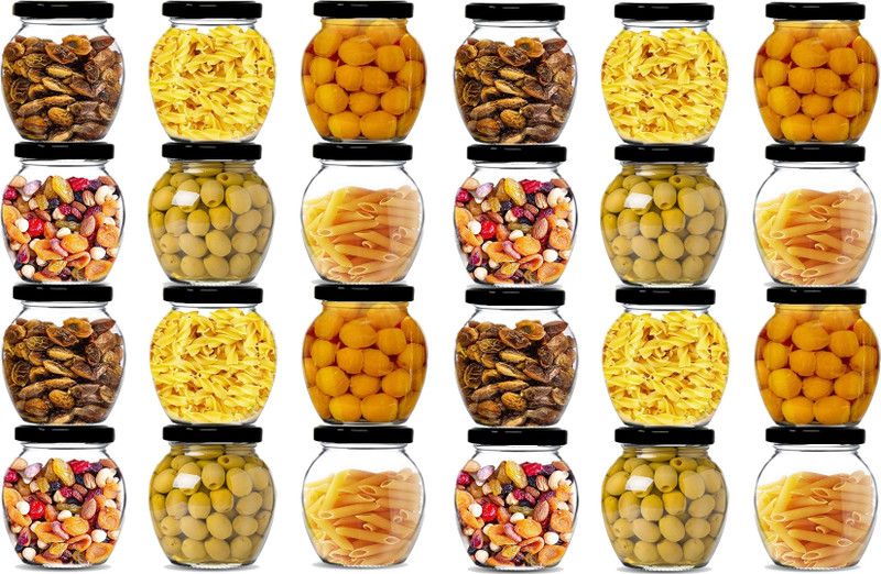 Kipozy Matka Glass Jar for Storage of Spices and Dry Fruit, Air Tight Black Metal Lid Set of 24 - 350 ml Glass Grocery Container  (Pack of 24, Clear)
