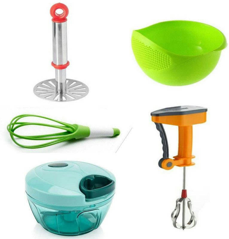 RINK N JASH POWER FREE BLENDER, BHAJI MASHER, PLASTIC WHISK, HANDY CHOPPER, RICE BOWL Kitchen Tool Set  (Multicolor, Masher, Whisk, Chopper, Blender, Strainer)