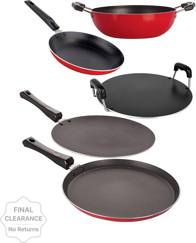 NIRLON Nirlon Non-Stick Dishwahser Safe Aluminium 5 Piece Kitchen Essential Combo Item Set with Steel Lid Non-Stick Coated Cookware Set  (PTFE (Non-stick), Aluminium, 5 - Piece)