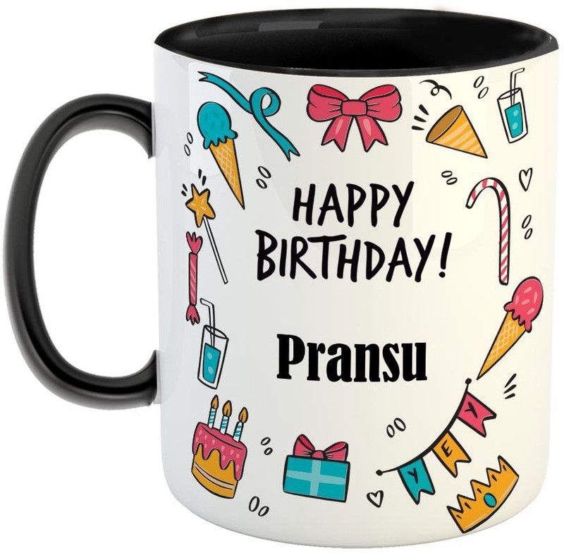 Furnish Fantasy Best Personalised Gift for Birthday, Color - Black, Name - Pransu Ceramic Coffee Mug  (350 ml)