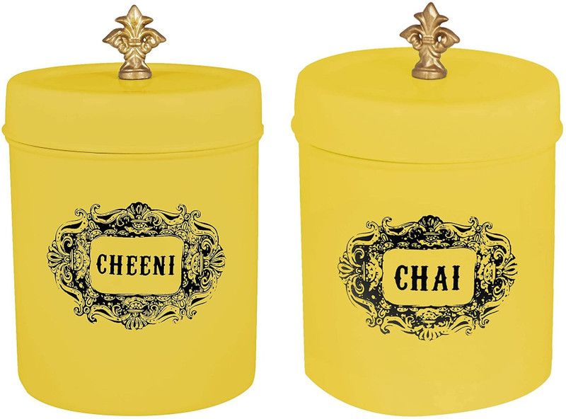 Elan ELAN Stainless Steel Round Chai Cheeni Canisters(Set of 2, Yellow, 500 ml) - 500 ml Steel Grocery Container  (Pack of 2, Yellow)