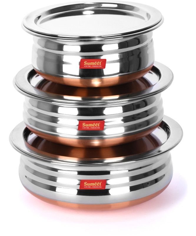 Sumeet Stainless Steel Copper Bottom Urli Cookware/Serveware/Handi/Pot With Lid - 5 Pcs Set (No.1 - 500ML, No. 2 - 1000ML, No. 3 - 1300ML) Cookware Set  (Steel, 6 - Piece)