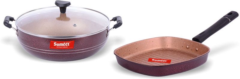 Sumeet Nonstick Granite Finish 2pc SPLENDOR Cookware set (Grill Pan 22cm Dia + Kadhai With Glass Lid - 2.5 Ltr Capacity - 24.5cm Dia ) Non-Stick Coated Cookware Set  (Aluminium, 3 - Piece)