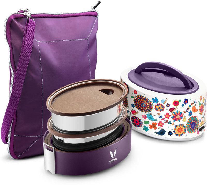 Vaya Tyffyn Lyte 600 ml Bloom Polished Stainless Steel Tiffin Box with BagMat (Two 300 ml Containers) - 2 Containers Lunch Box  (600 ml, Thermoware)