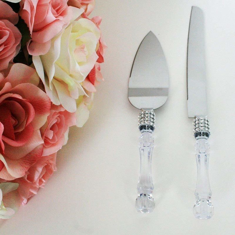 YOGI SELLING Stainless Steel Cake Serving Set - 1 PC Cake Cutting Knife + 1 PC Cake Server Cake Décor with Crystal Handles for Weddings, Birthdays, Cakes, Gifts Stainless Steel Cake Server  (Silver, Pack of 2)