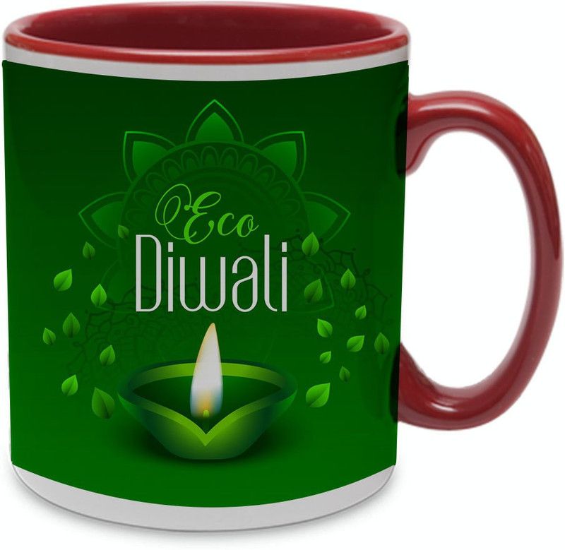 COLOR YARD best happy diwali green eco leaves background design on Ceramic Coffee Mug  (320 ml)
