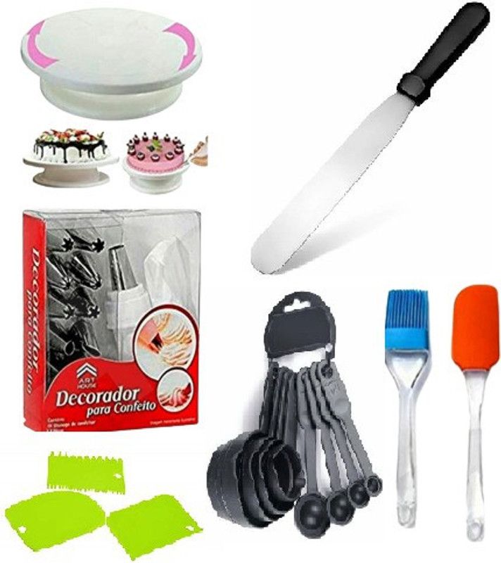 SHREE SADGURU CREATION CAKE DECORATING TOOLS051 Cake Turntable(MULTICOLOUR) & Nozzle Set & Spatula, Brush & Measuring Cup & Spoon and Pallet Knife & Scraper for Cake(MULTICOLOUR) Multicolor Kitchen Tool Set  (Multicolor, Baking Tools)