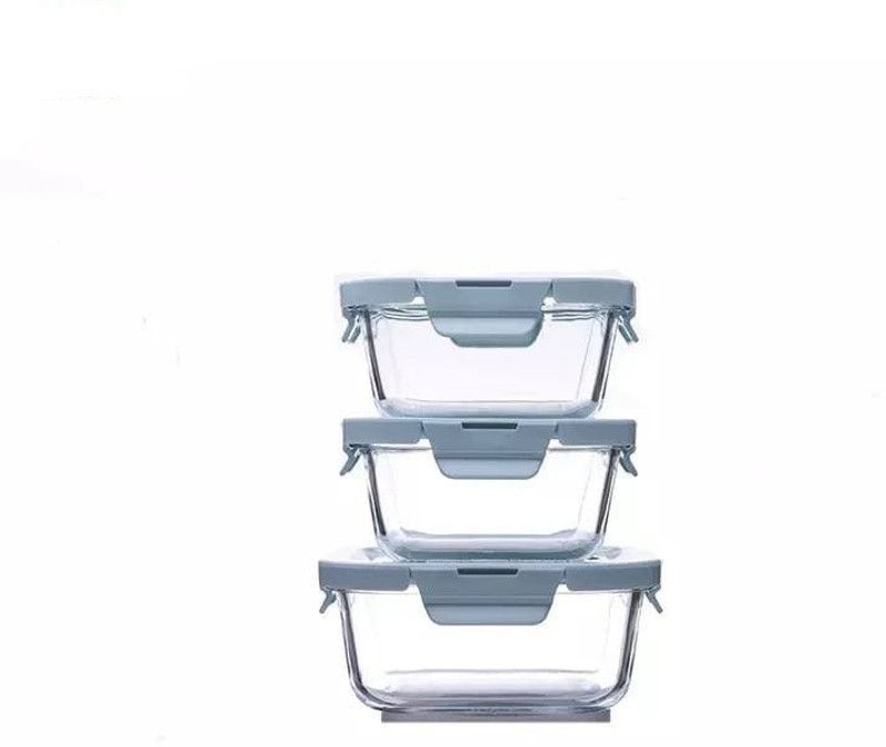 SAMJU Microwaveble Crystal Clear Set Of 3 Airtight Lunch Box Utility Container With Plastic Food Grade Material Lid with 4 Side Lock - 750 ml, 550 ml, 550 ml Glass Utility Container  (Pack of 3, Clear)