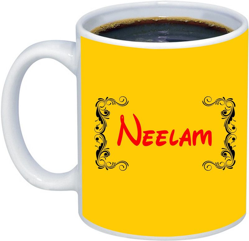 ADITI Designs Neelam Red Rose Clipart Printed On Solid Yellow Designer Ceramic Coffee Mug  (325 ml)