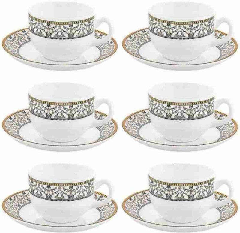 Sarsawal Pack of 12 Bone China Bone China Laopala Opalware Glass Moroccan Gold Tea Cup with Saucers  (White, Cup Set)