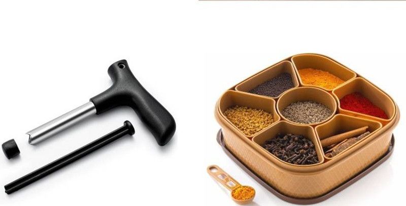 Somkala Presents Combo Pack of Multipurpose 7 in 1 Square Masala Box & Coconut Opener Straight Peeler  (Brown, Black, Silver)